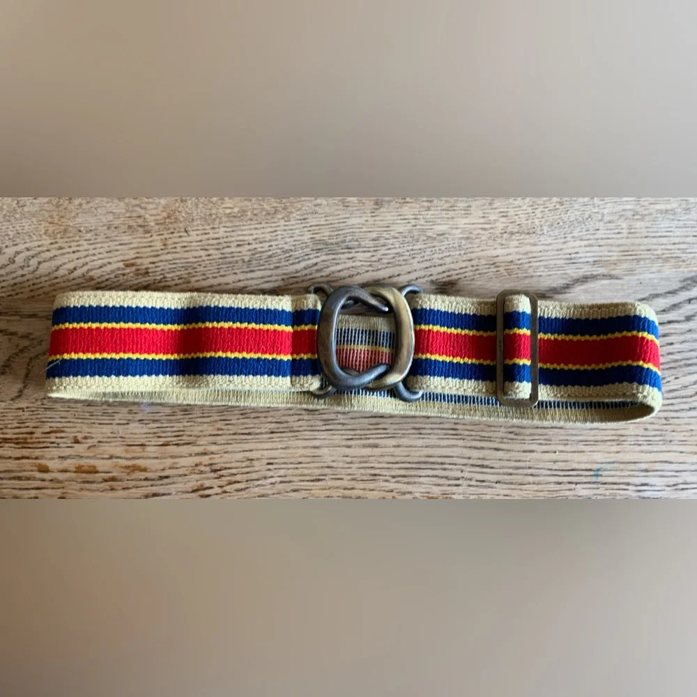 Vintage 70s/80s Striped Twill Stretch Belt Interlocking Buckle Retro Hippie